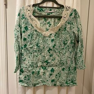Maje Crinkle Green Floral Top Embroidered Trim